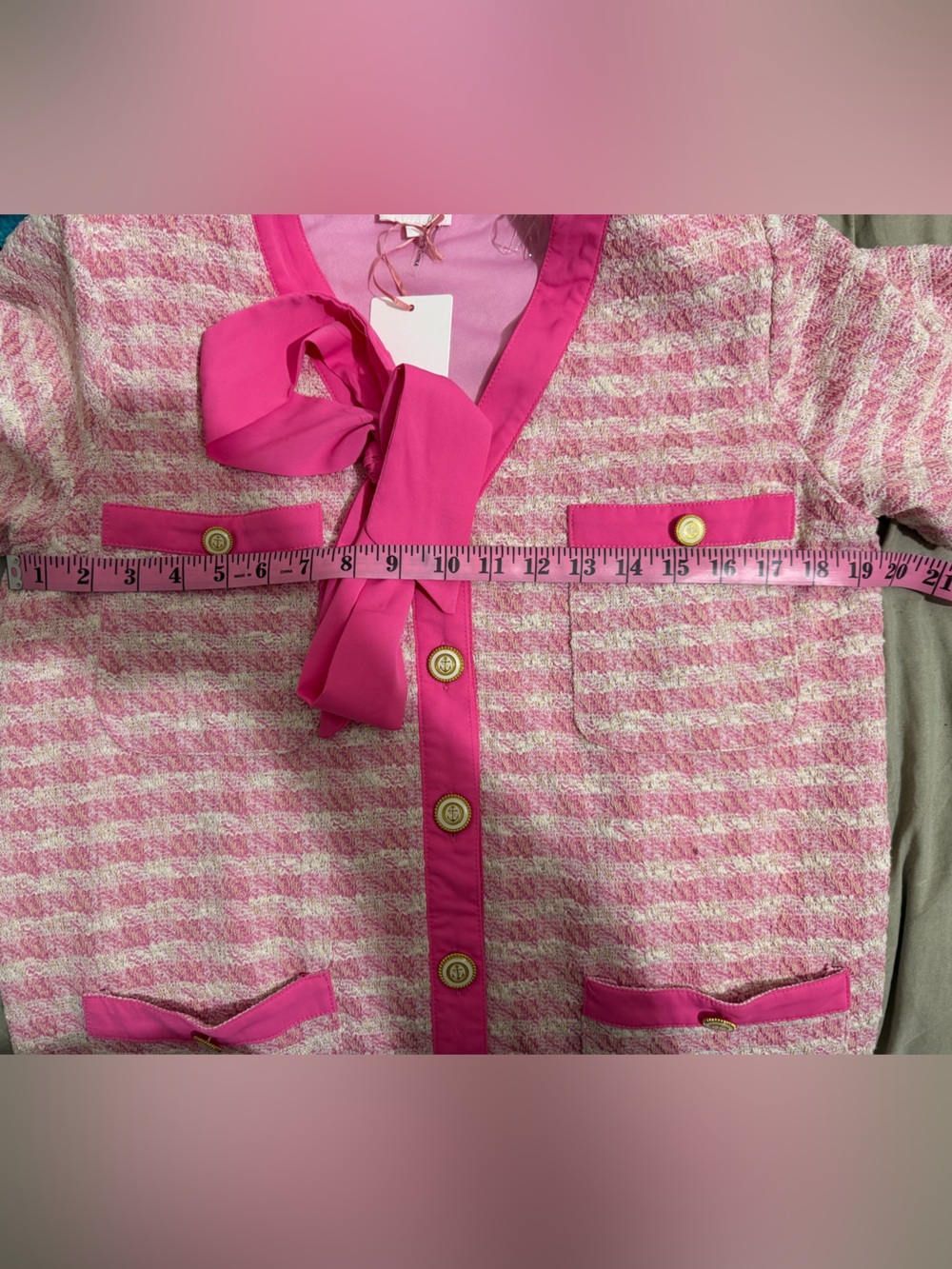 NWT Entro Pink Tweed Bow Mini Dress Gold Anchor Buttons M - Picture 6 of 10